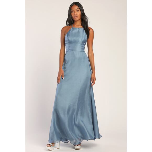 Lulu's Truly For You Slate Blue Backless Maxi Dress M NWT - Picture 1 of 7